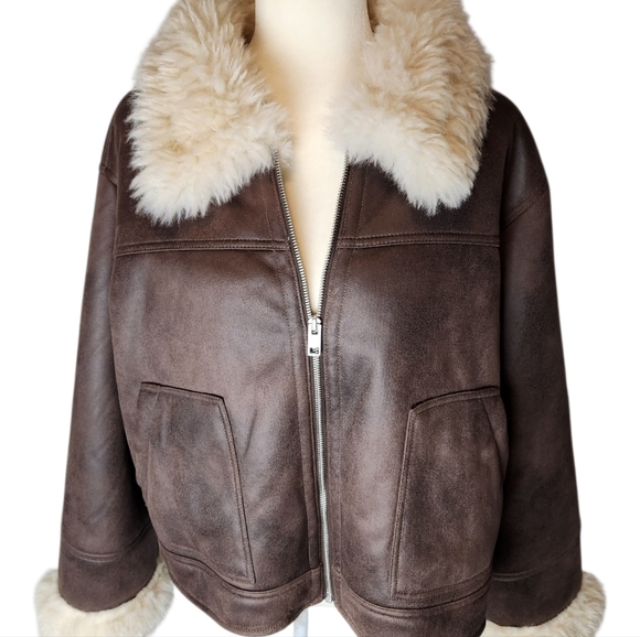 Arizona Jean Company Brown Bomber Jacket with Cream Shearling Trim - Picture 2 of 9